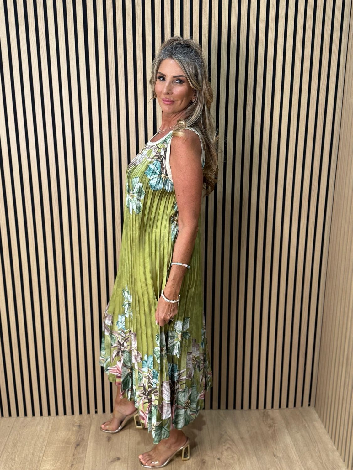 Bloom Pleated Midi Dress - Olive