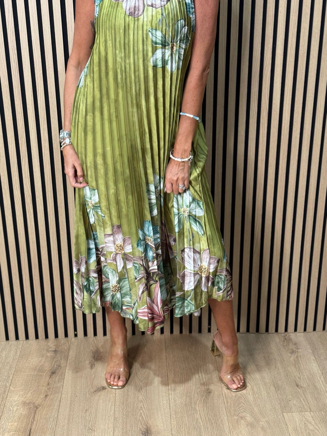 Bloom Pleated Midi Dress - Olive