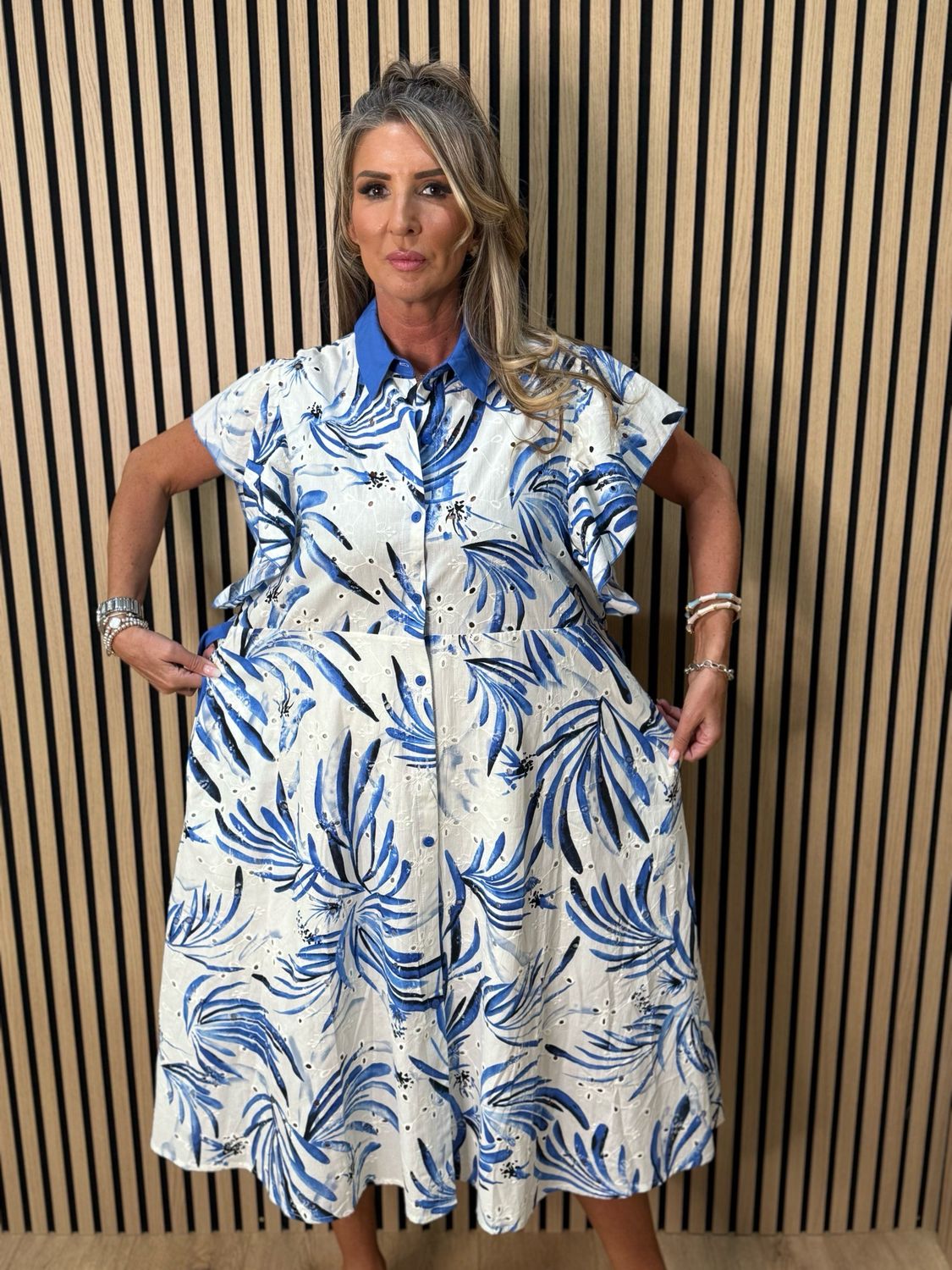 Tropical Cotton Shirt Dress - Blue