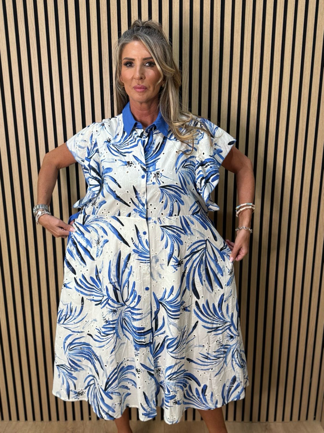 Tropical Cotton Shirt Dress - Blue
