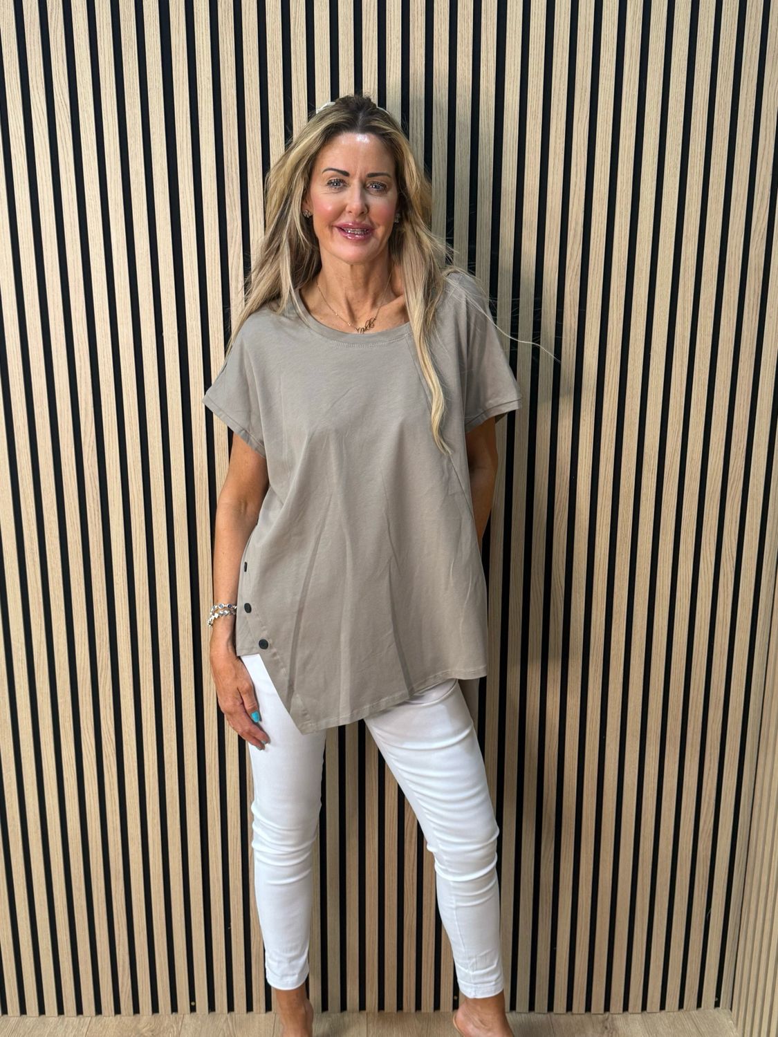 Button Side Asymmetric Top - Taupe
