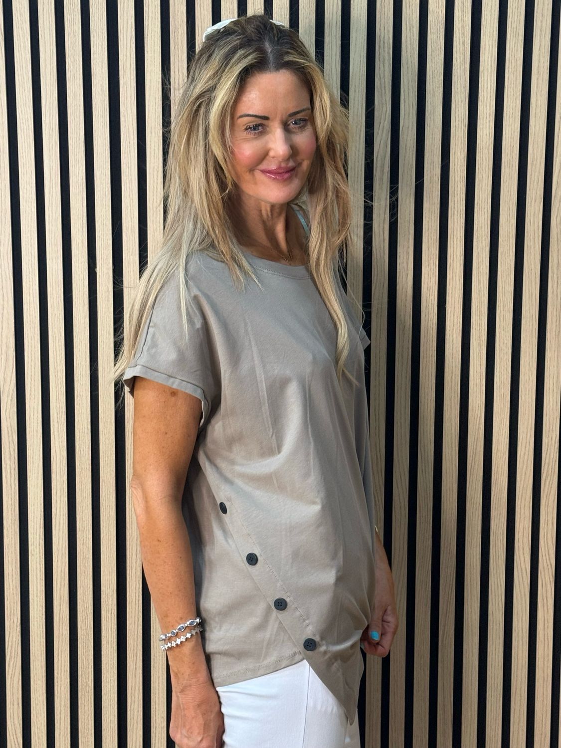 Button Side Asymmetric Top - Taupe