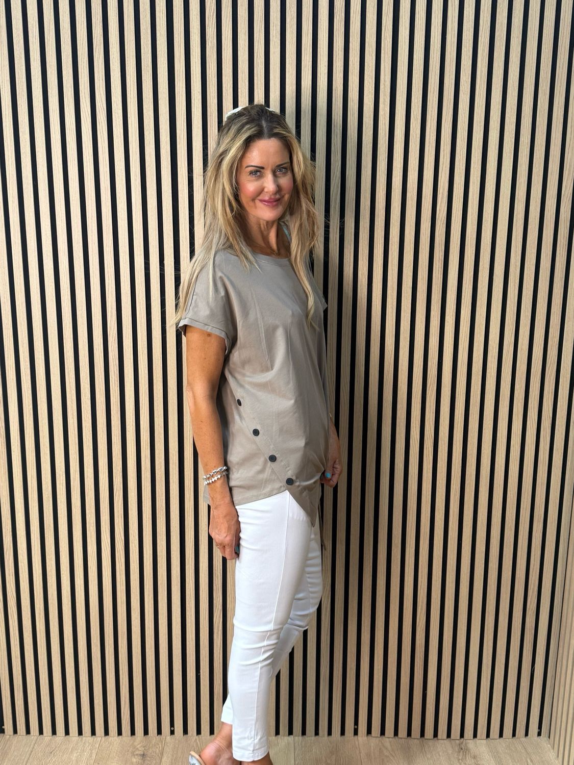 Button Side Asymmetric Top - Taupe