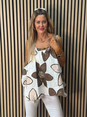Floral Swing Cami Top - Brown/White