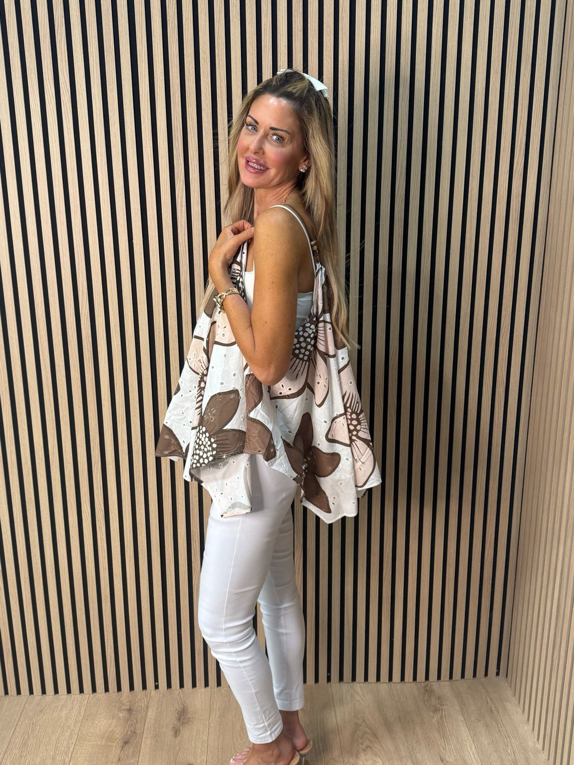 Floral Swing Cami Top - Brown/White