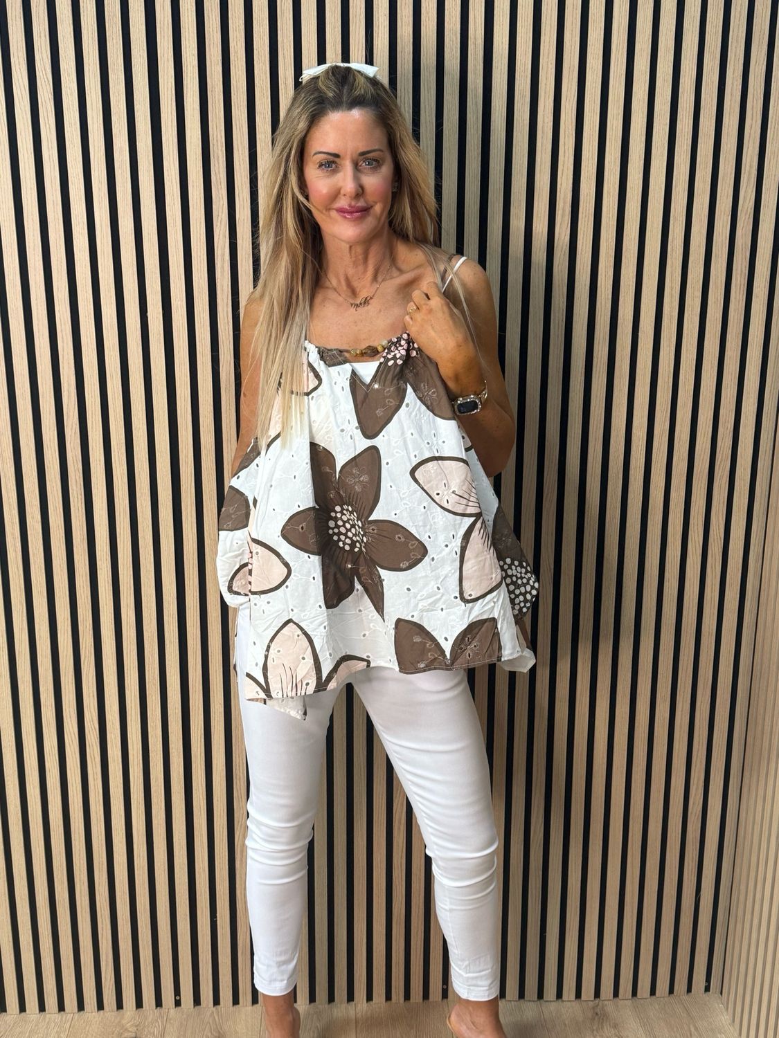 Floral Swing Cami Top - Brown/White