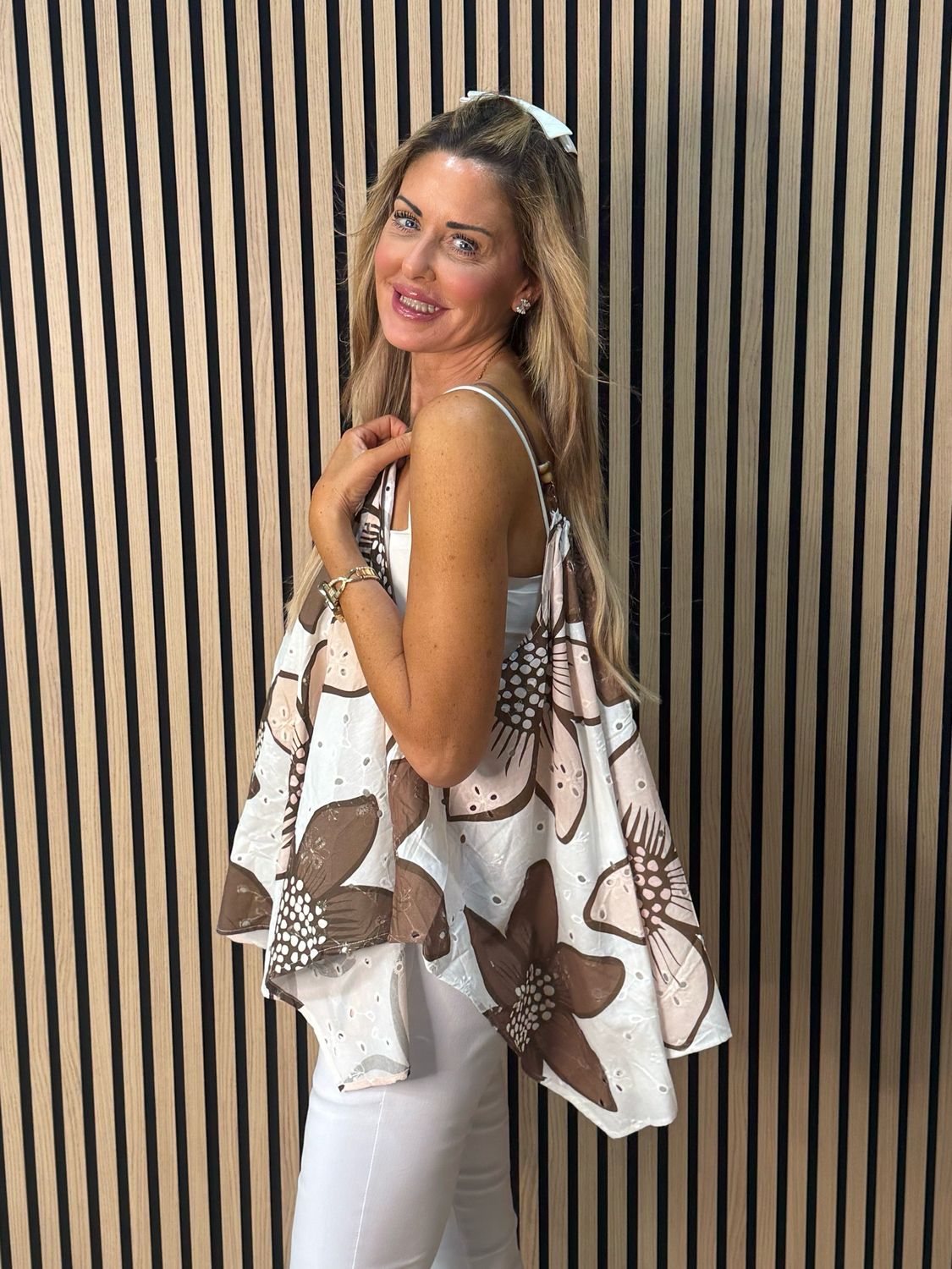 Floral Swing Cami Top - Brown/White