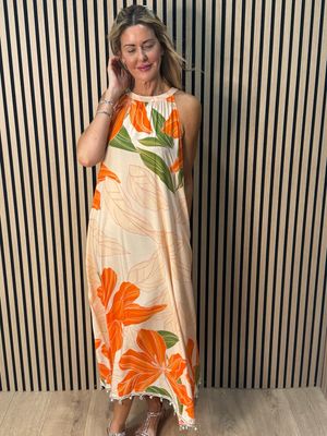 Tropical Halter neck Midi Dress - Orange