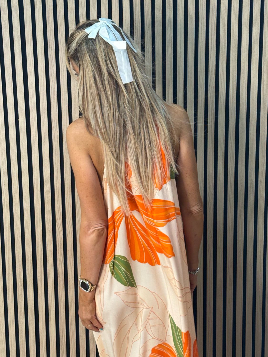 Tropical Halter neck Midi Dress - Orange