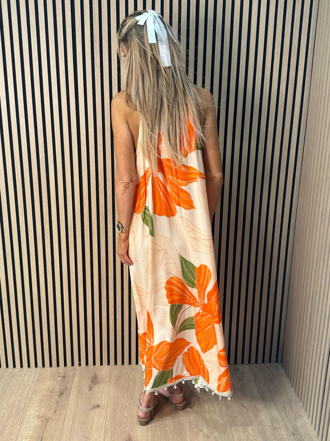 Tropical Halter neck Midi Dress - Orange