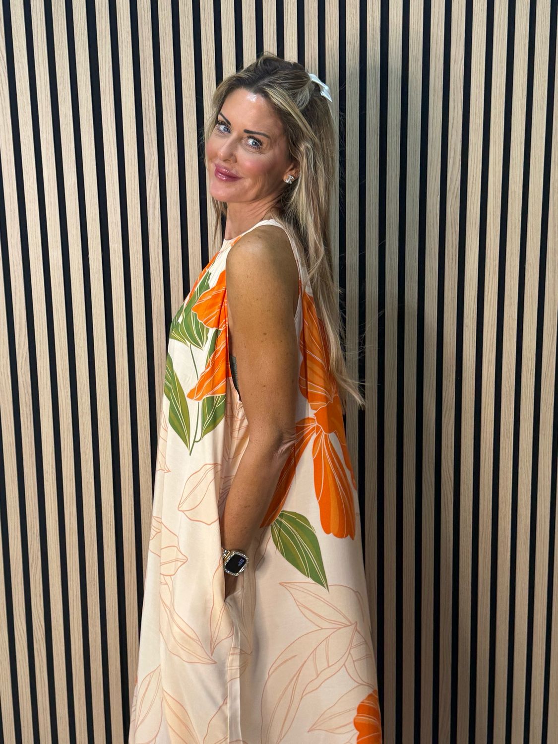 Tropical Halter neck Midi Dress - Orange