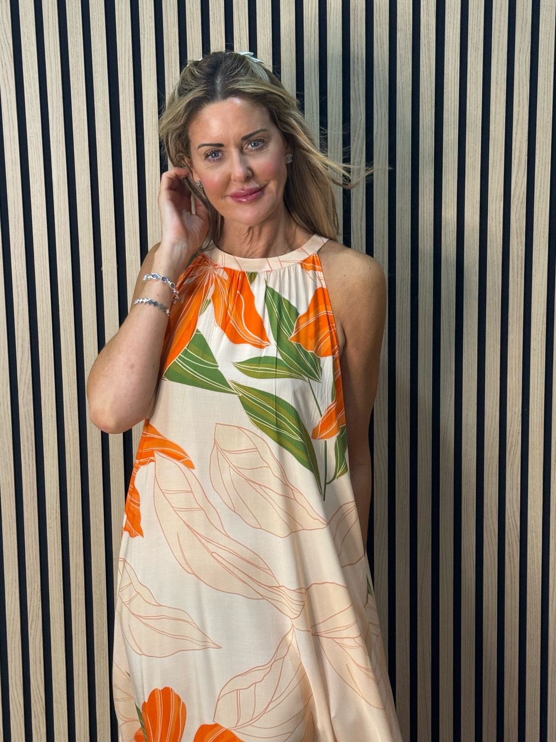 Tropical Halter neck Midi Dress - Orange