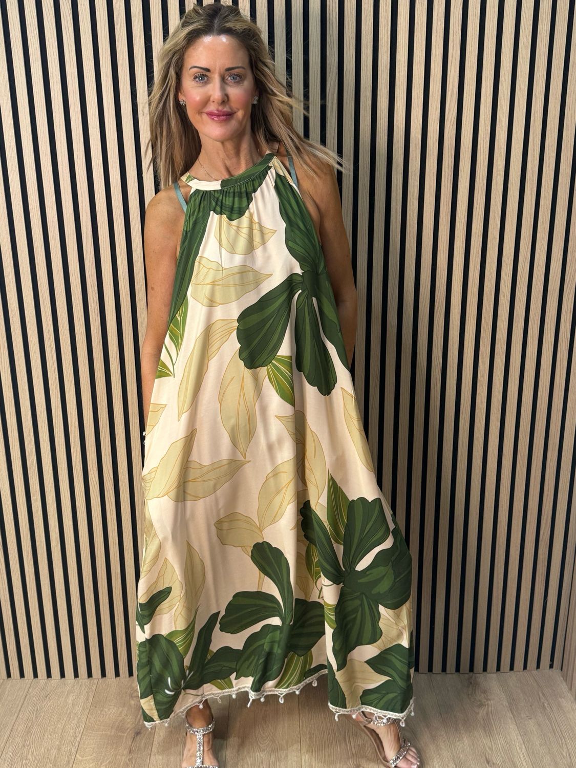 Tropical Halter Neck Midi Dress - Green