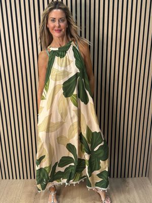 Tropical Halter Neck Midi Dress - Green