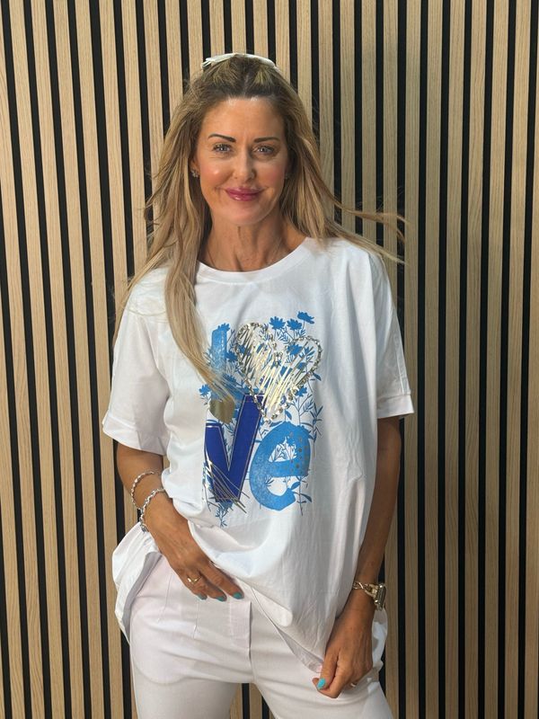 LOVE Embellished T Shirt - Blue/White