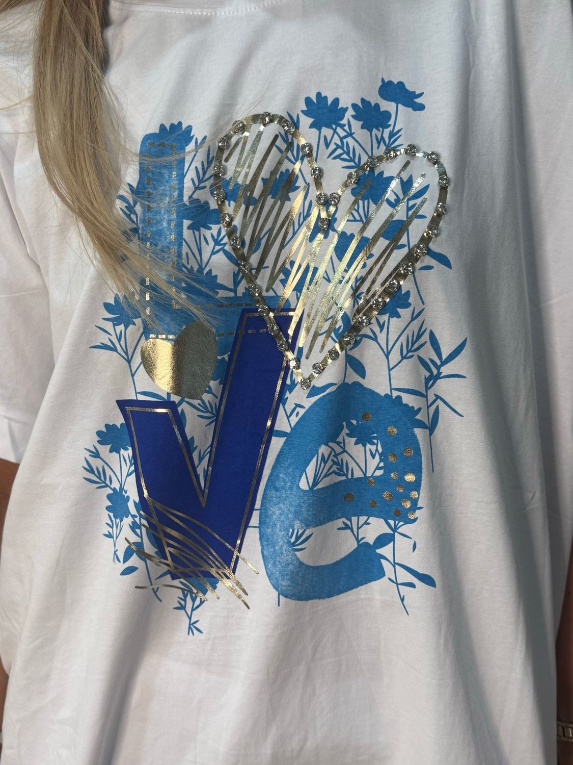 LOVE Embellished T Shirt - Blue/White