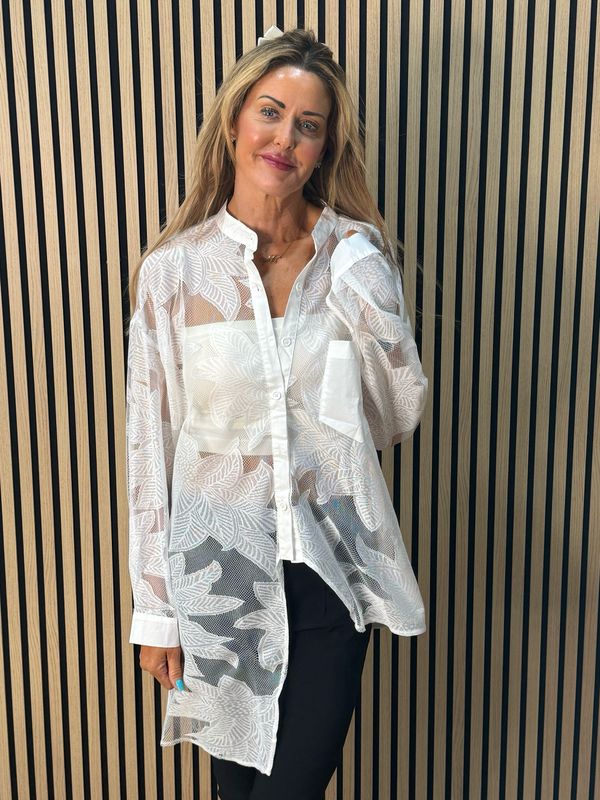 Leaf Mesh Sheer Shirt - White