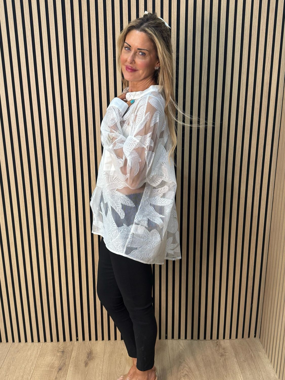 Leaf Mesh Sheer Shirt - White