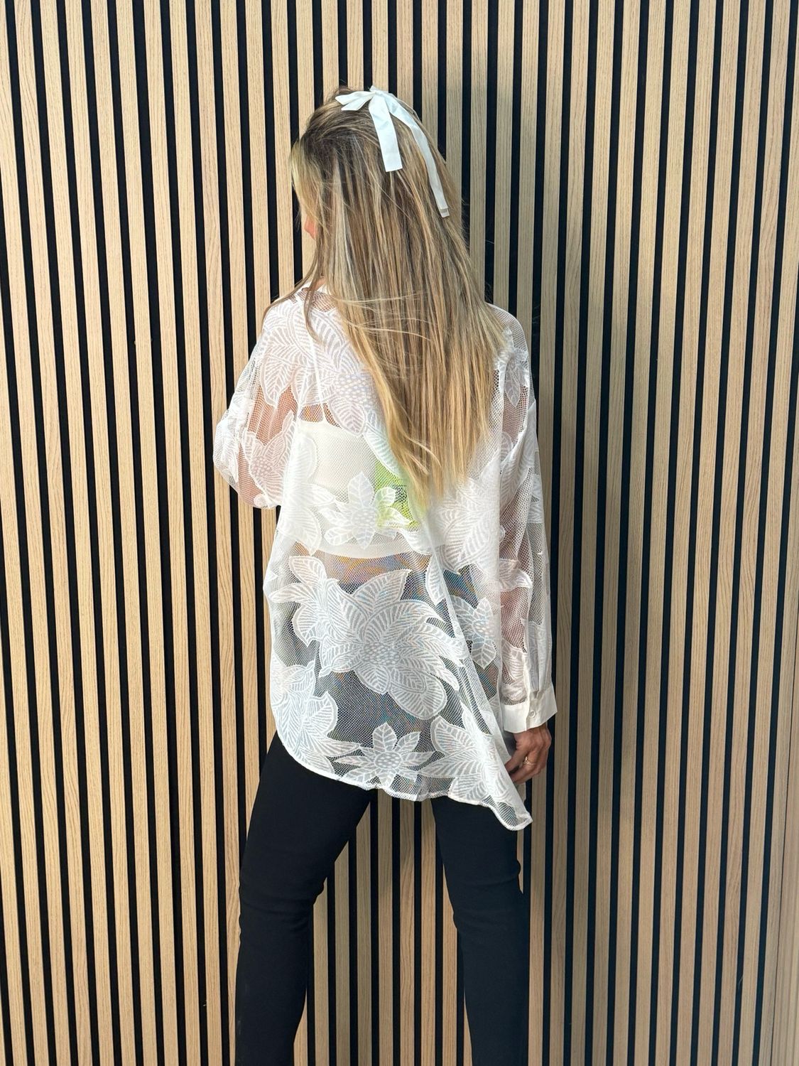 Leaf Mesh Sheer Shirt - White