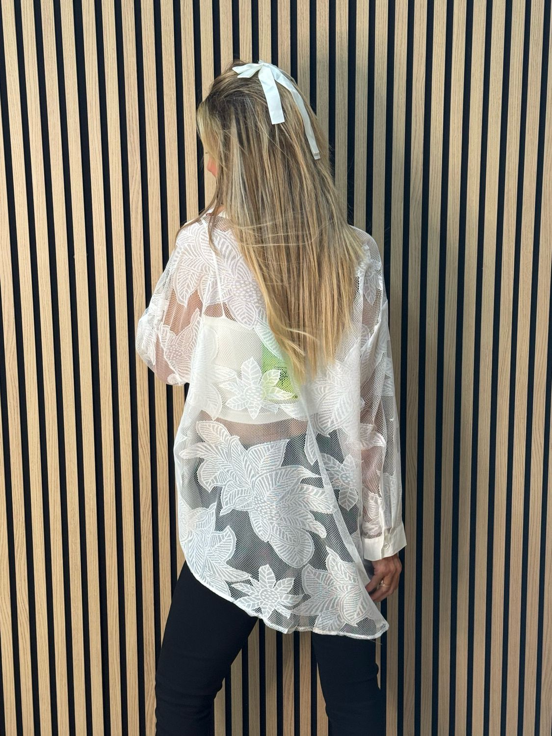 Leaf Mesh Sheer Shirt - White