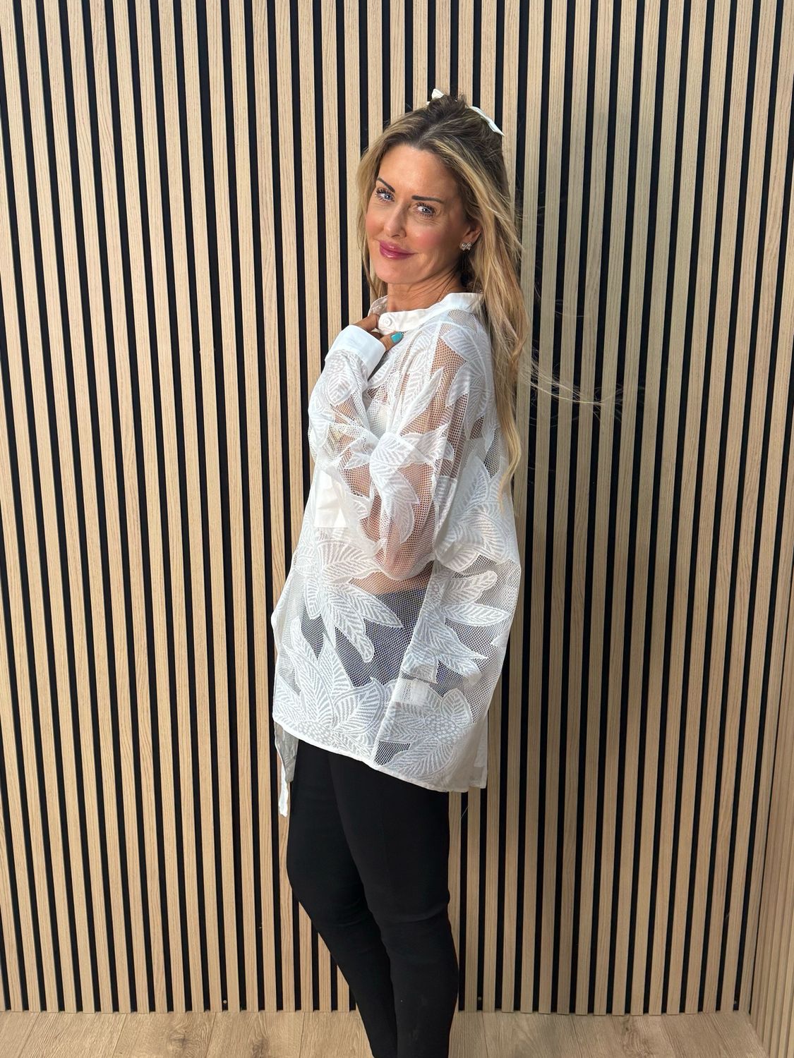 Leaf Mesh Sheer Shirt - White