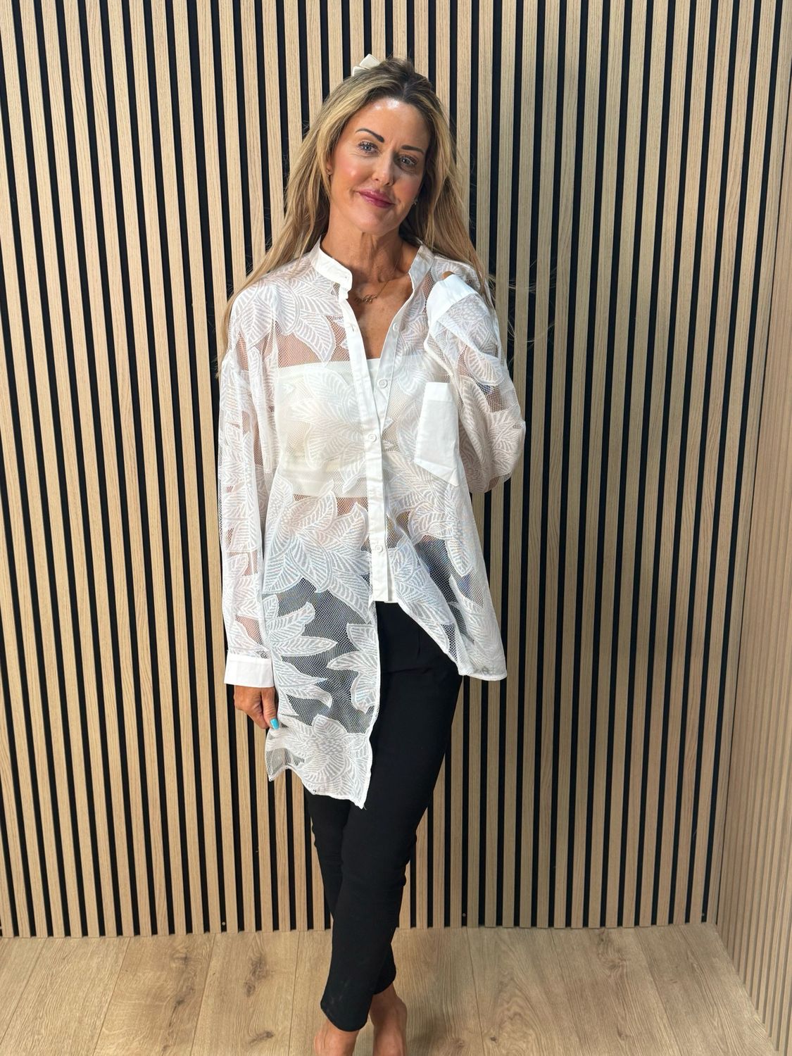 Leaf Mesh Sheer Shirt - White