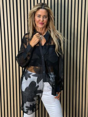 Leaf Mesh Sheer Shirt - Black