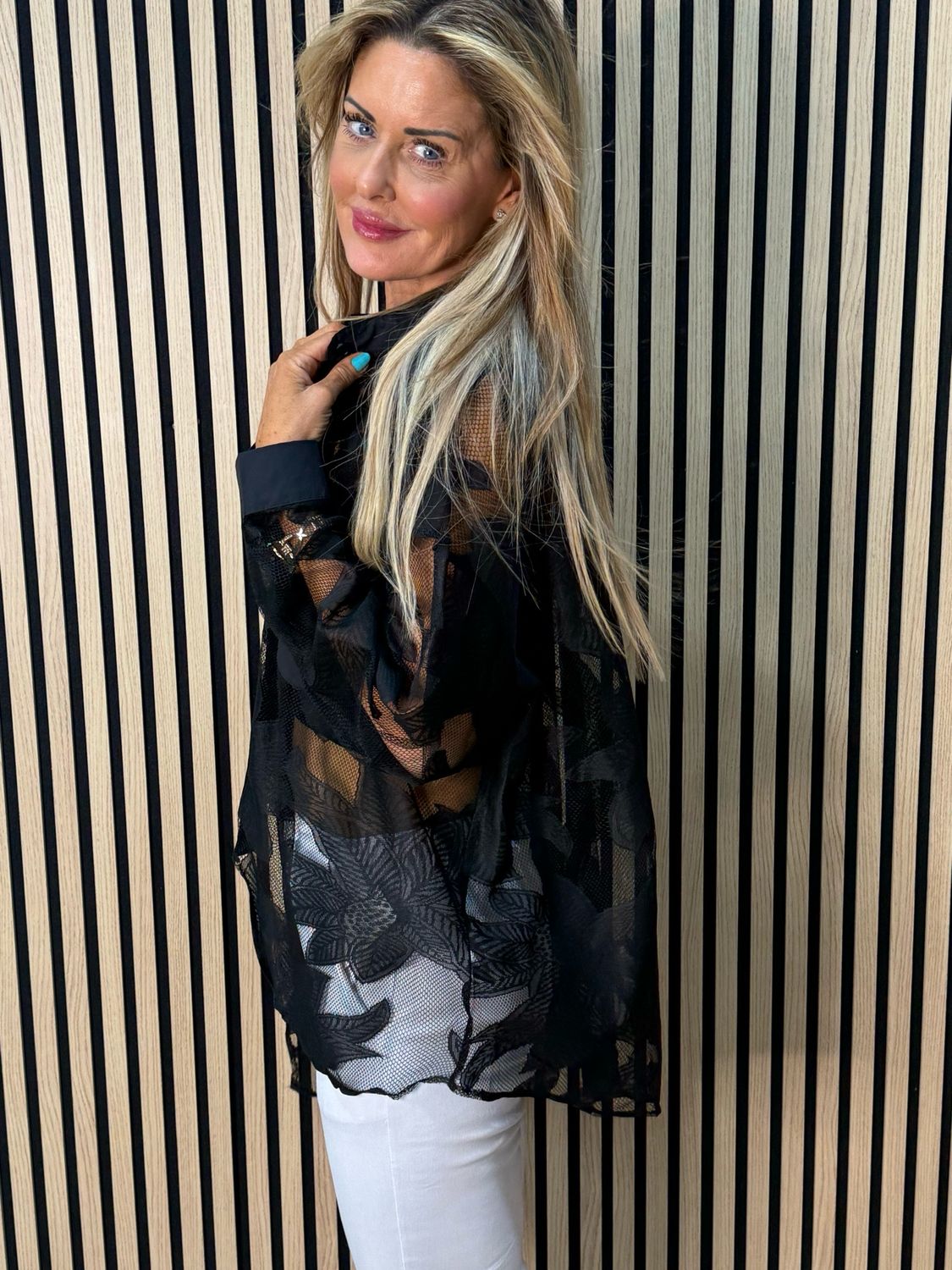 Leaf Mesh Sheer Shirt - Black