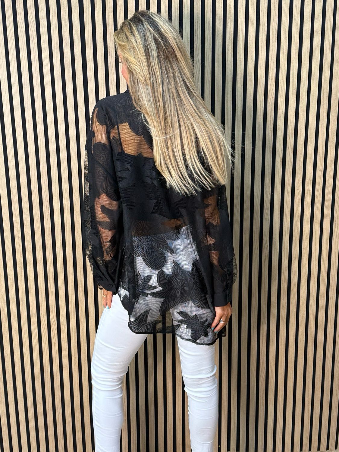 Leaf Mesh Sheer Shirt - Black