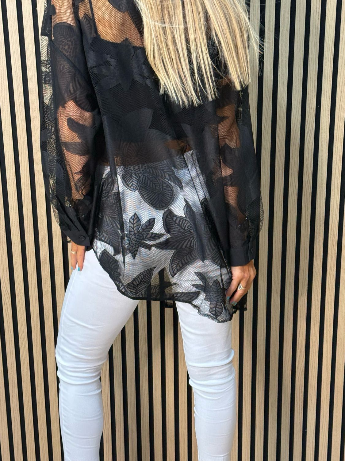 Leaf Mesh Sheer Shirt - Black