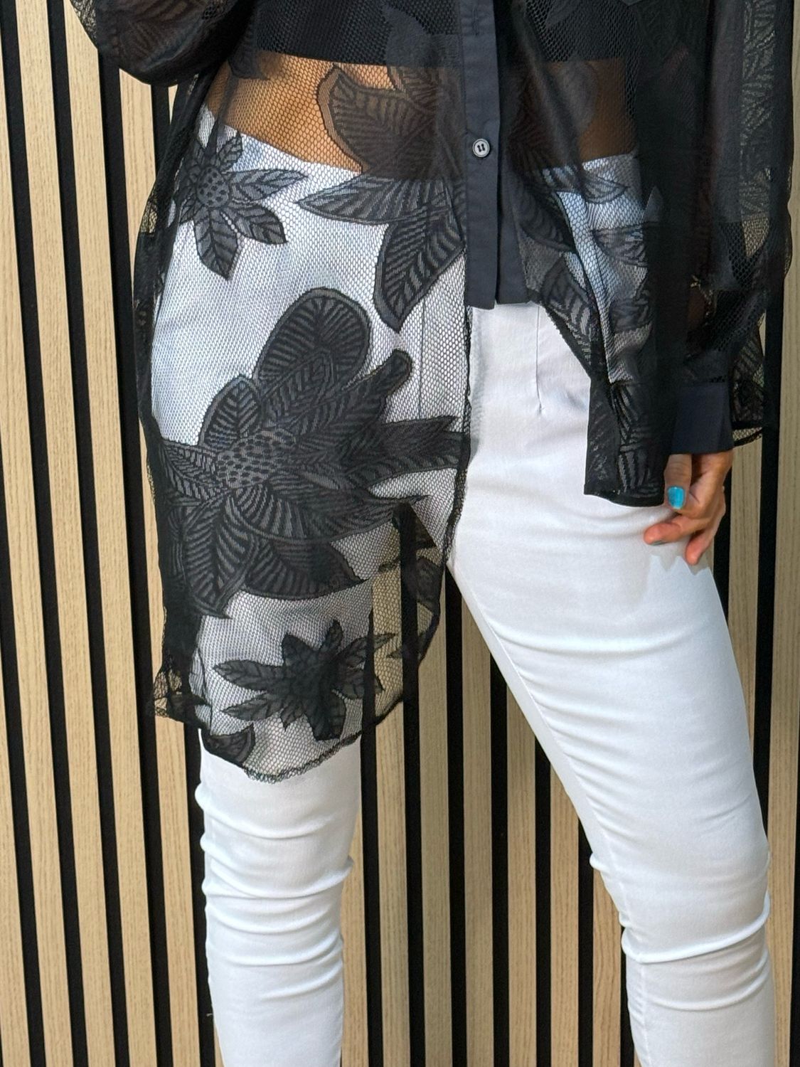 Leaf Mesh Sheer Shirt - Black