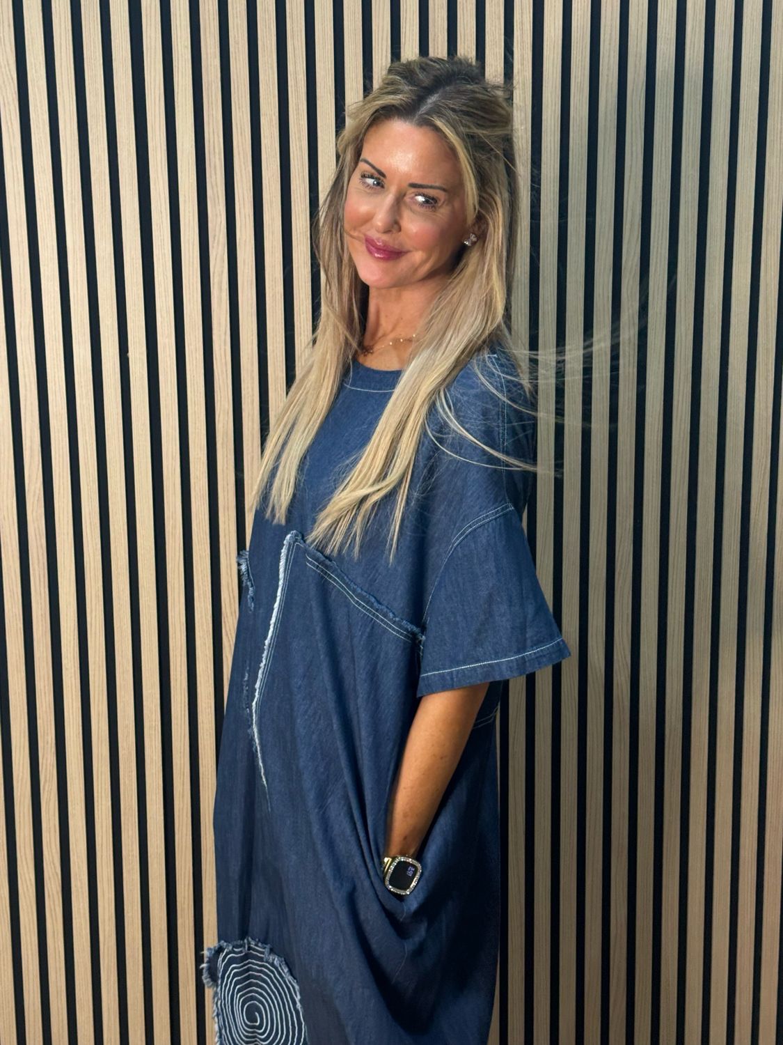 Patchwork Denim Dress - Navy