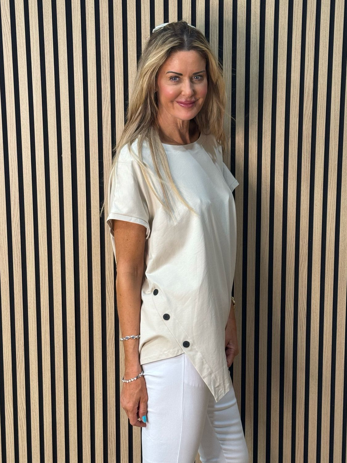 Button Side Asymmetric Top - Cream