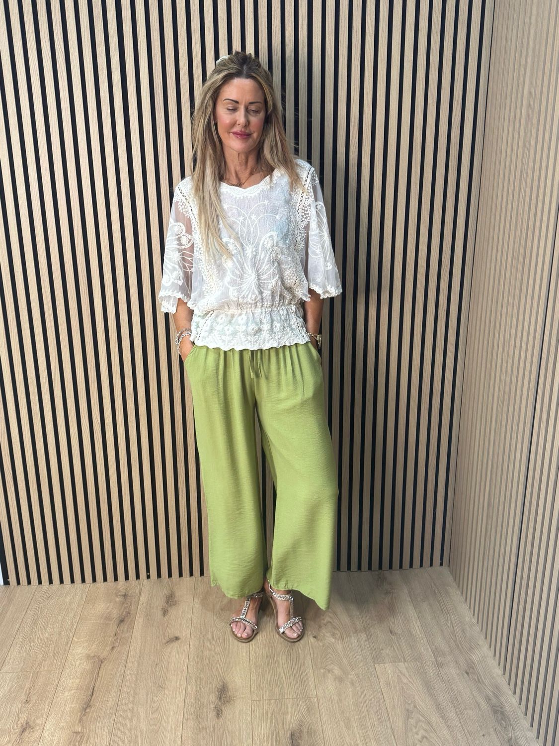 Relaxed Wide Leg Trousers - Lime