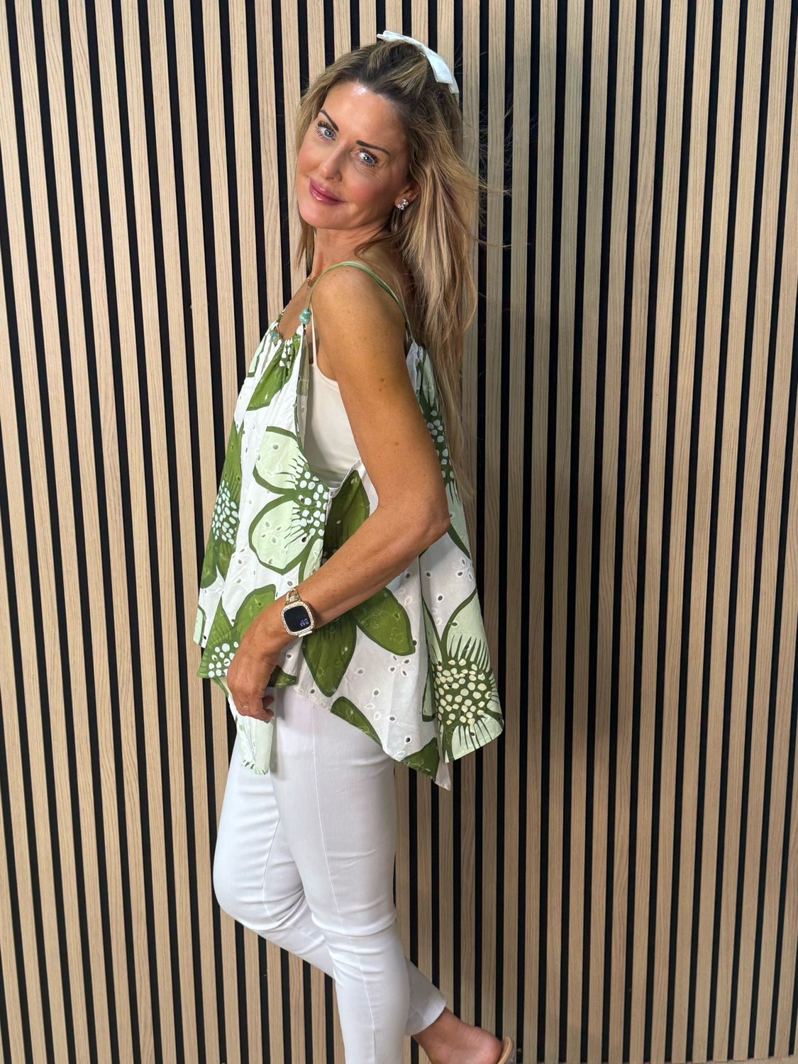 Floral Swing Cami Top - Green/White