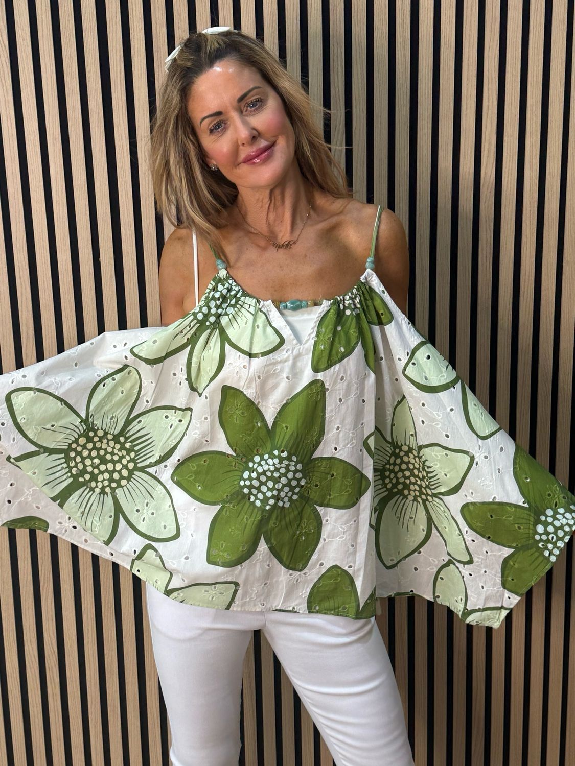 Floral Swing Cami Top - Green/White