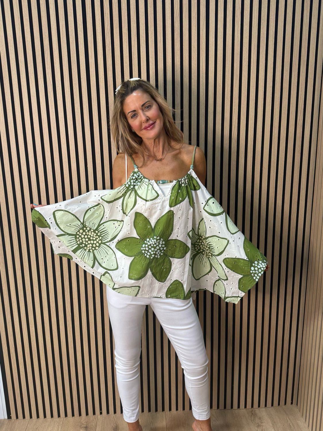 Floral Swing Cami Top - Green/White