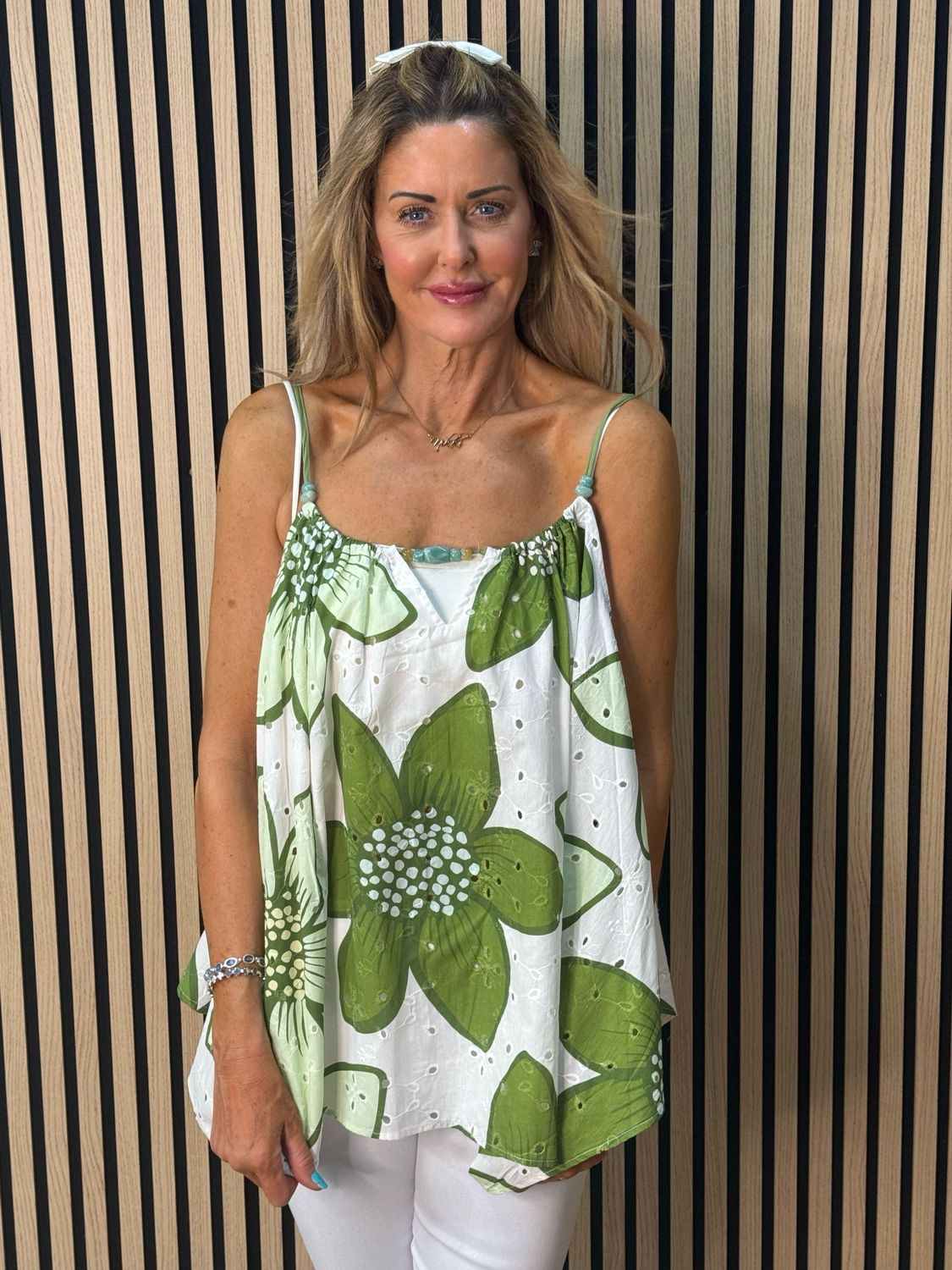 Floral Swing Cami Top - Green/White