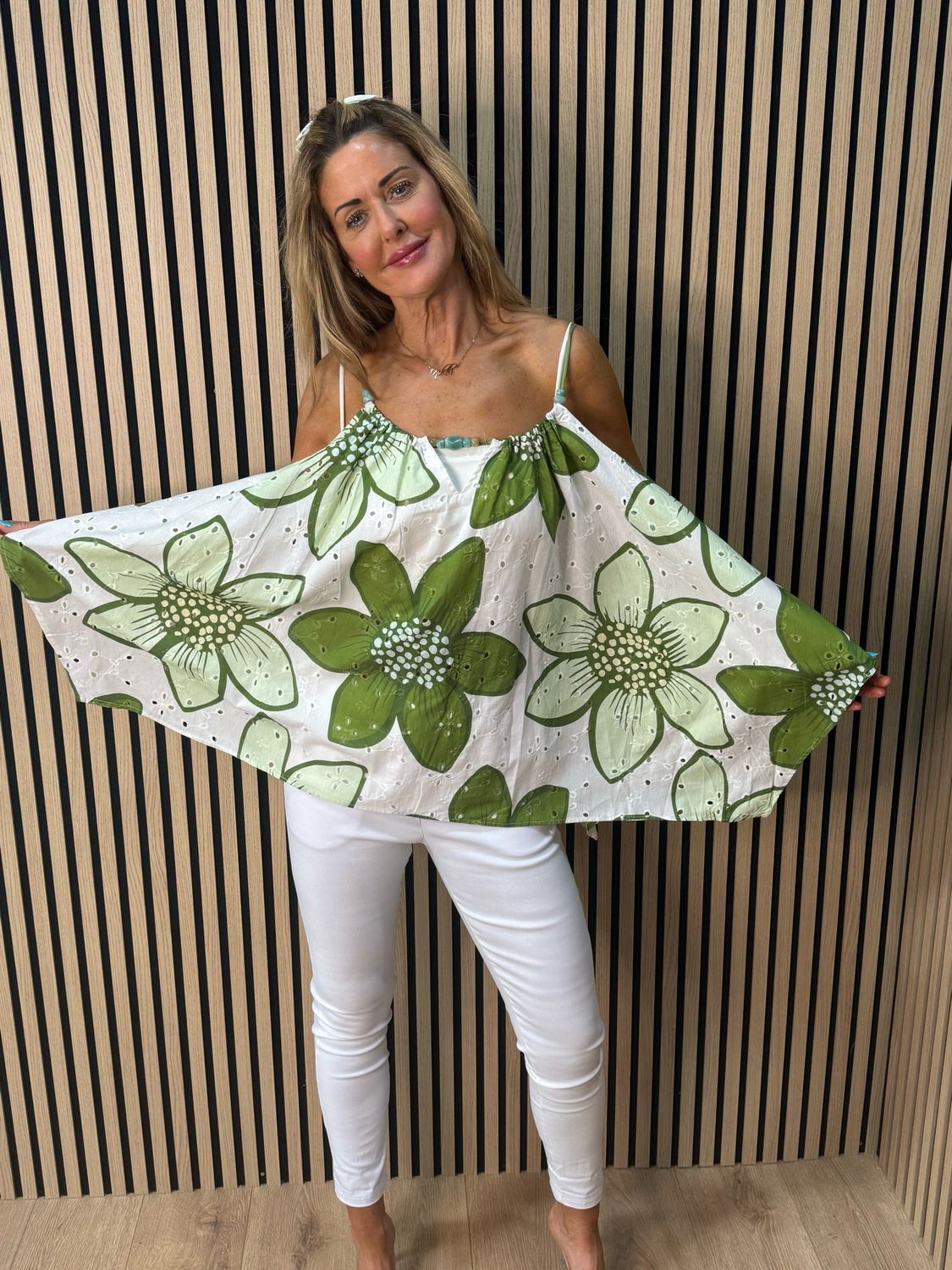 Floral Swing Cami Top - Green/White