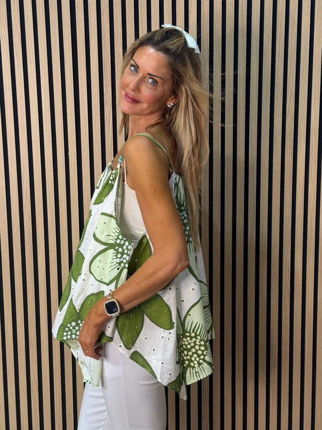 Floral Swing Cami Top - Green/White