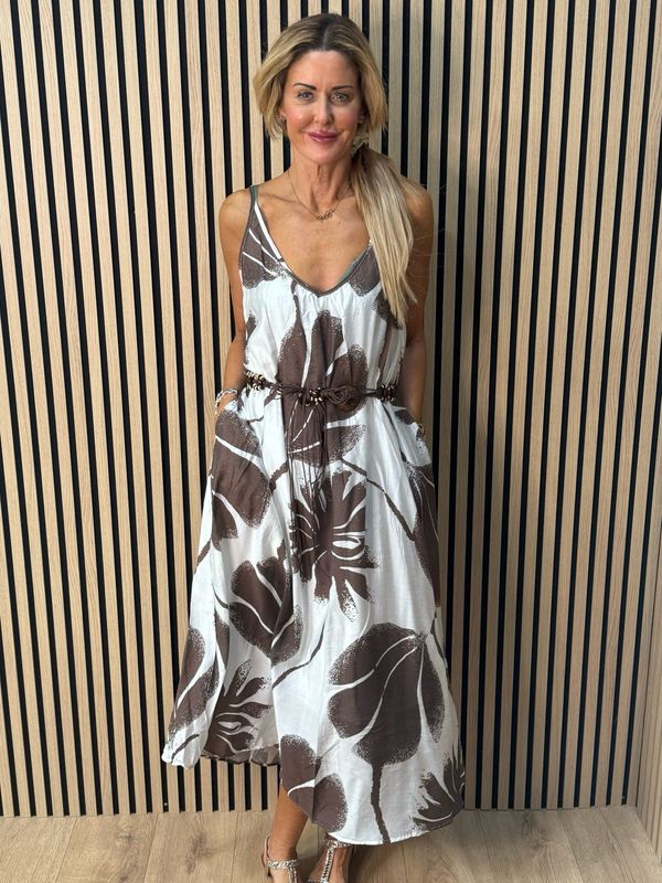 Delilah Floral Midi Dress - Brown/White