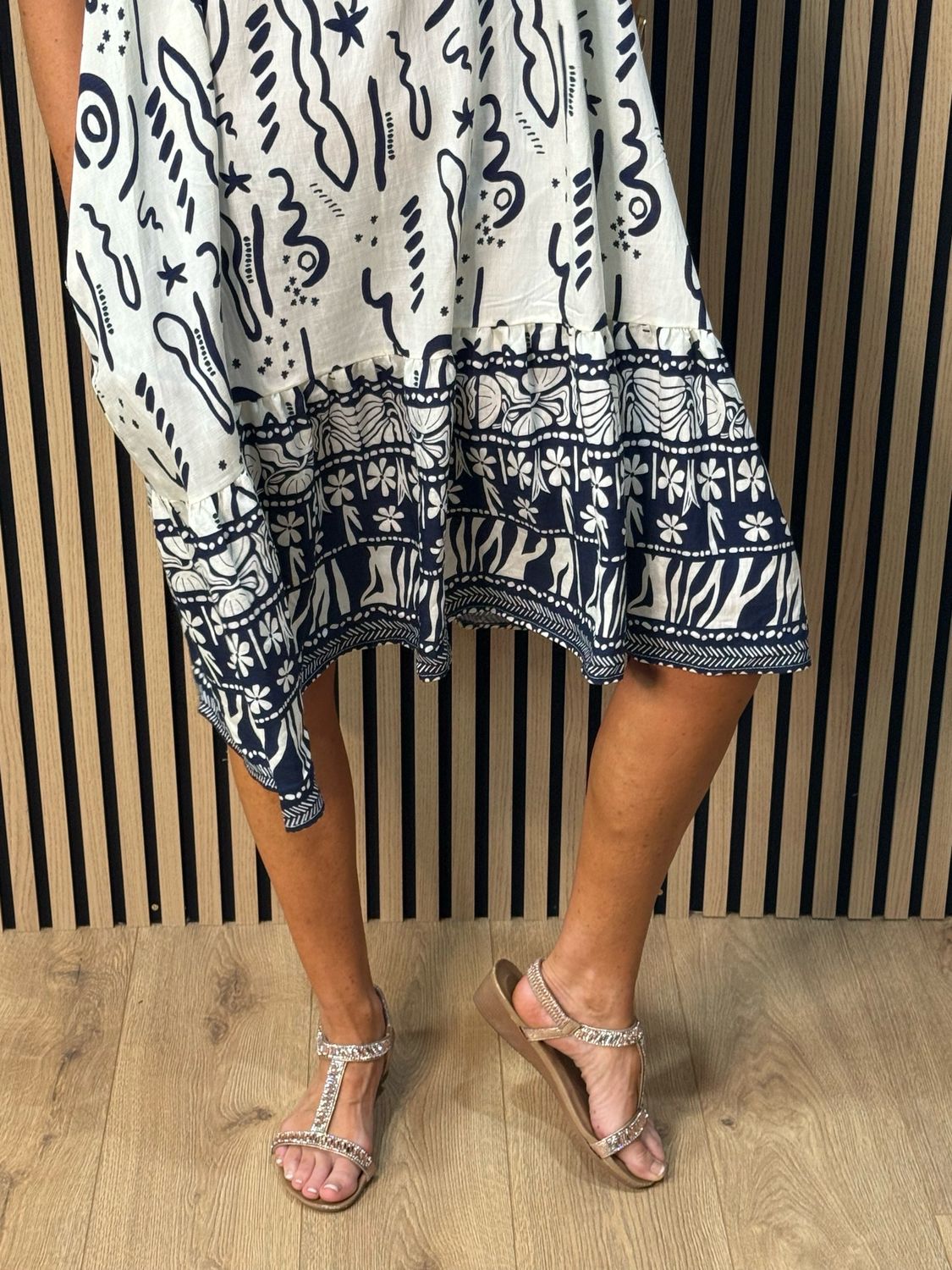 Abstract Print Swing Dress - Navy/White