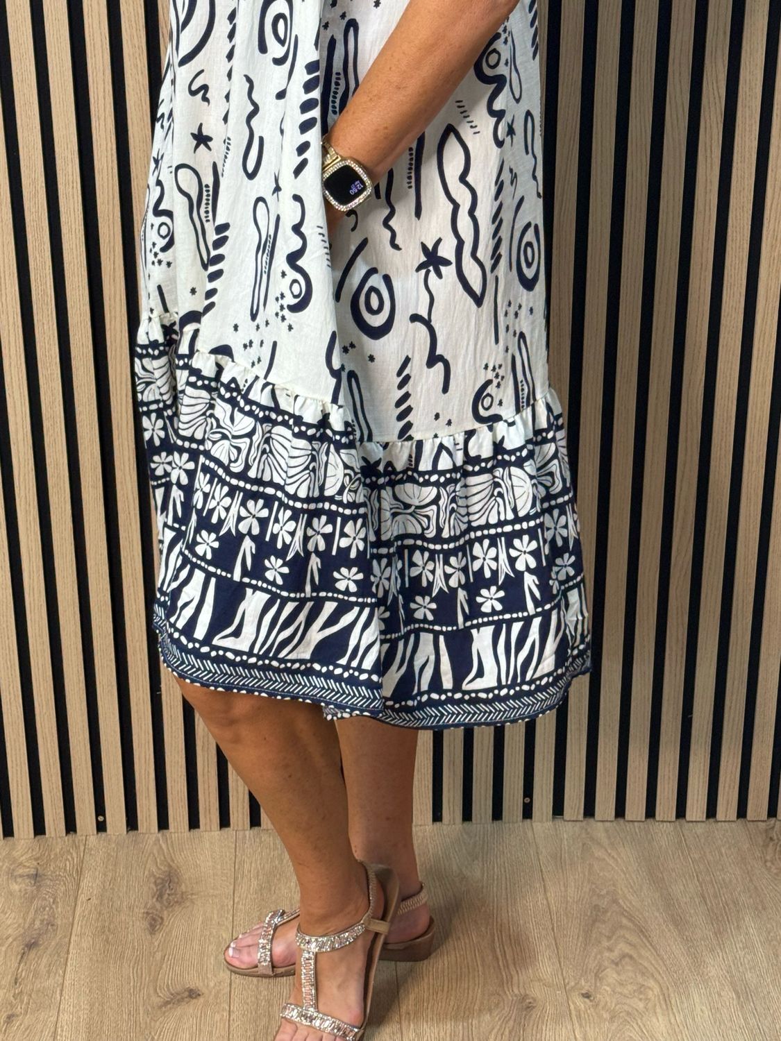 Abstract Print Swing Dress - Navy/White