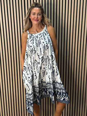 Abstract Print Swing Dress - Navy/White