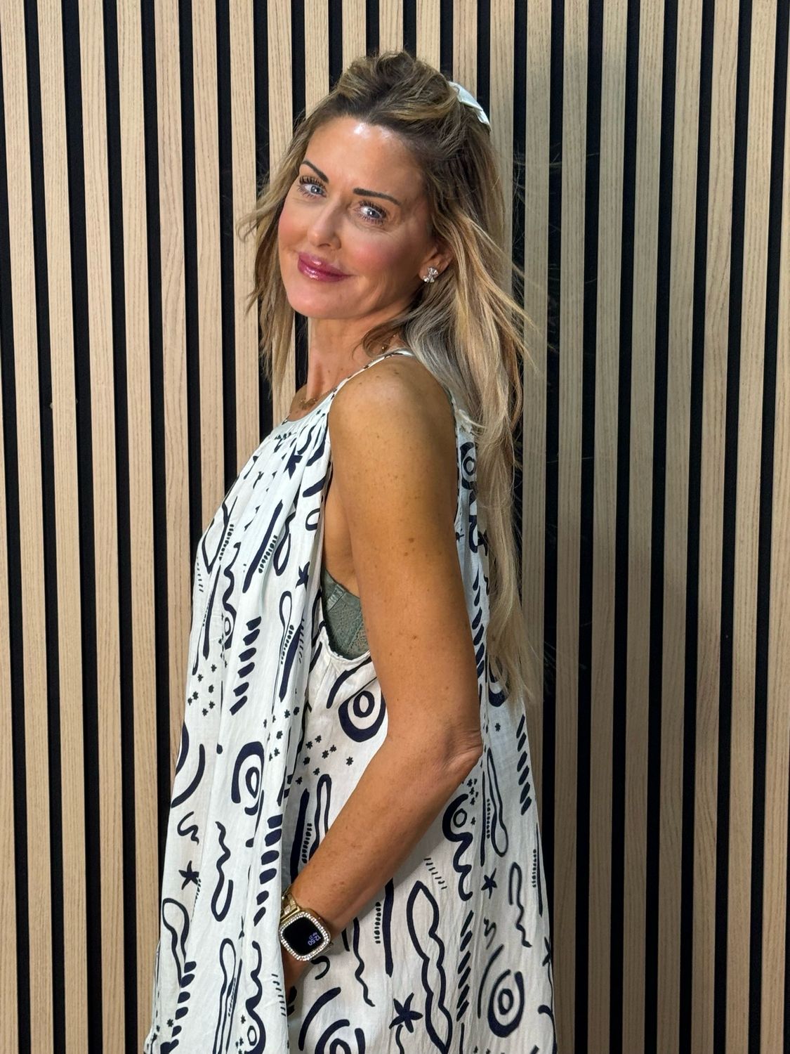 Abstract Print Swing Dress - Navy/White