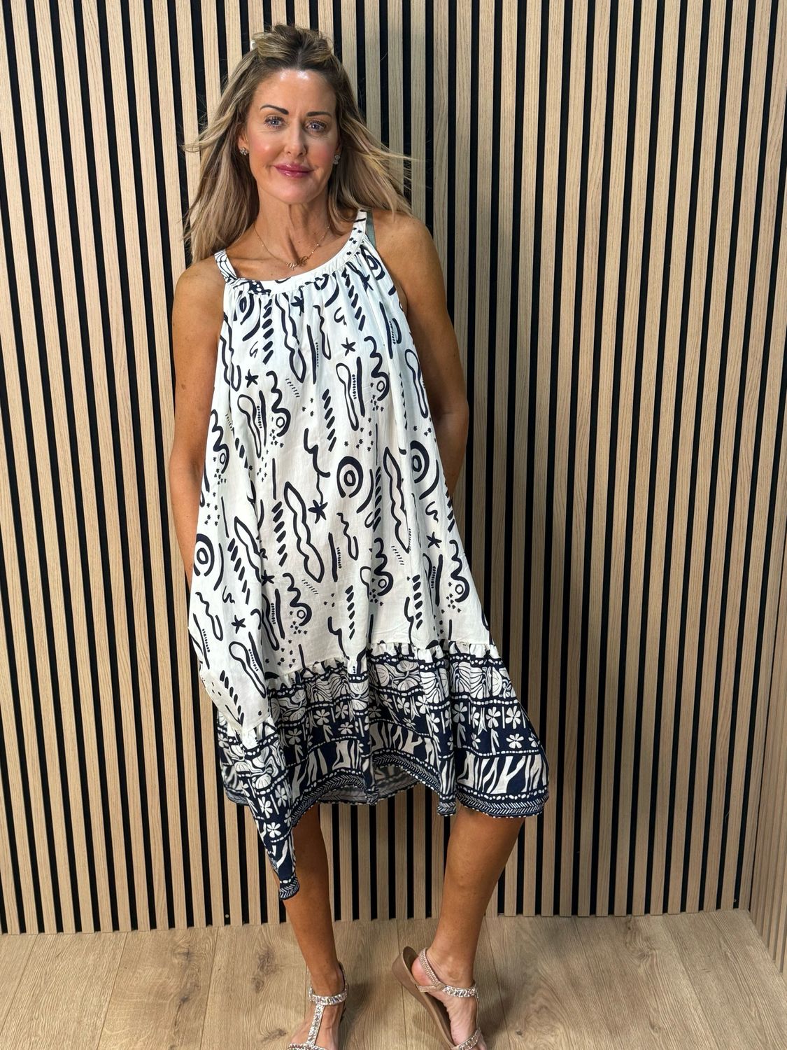 Abstract Print Swing Dress - Navy/White