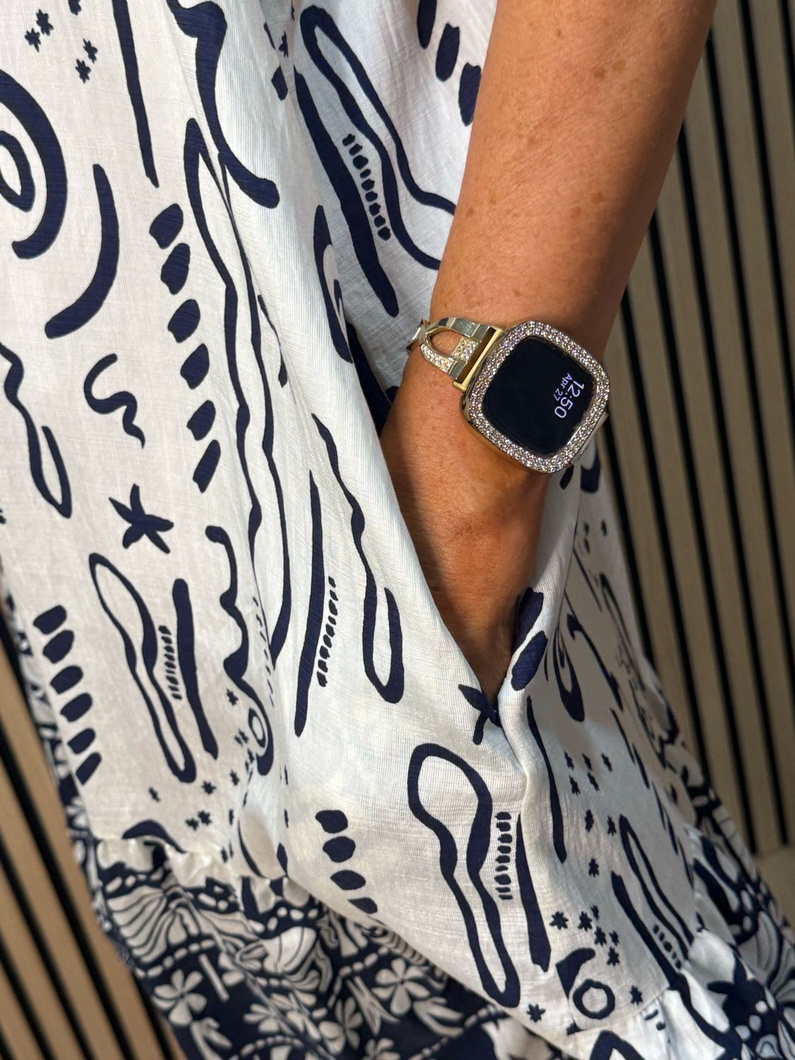 Abstract Print Swing Dress - Navy/White