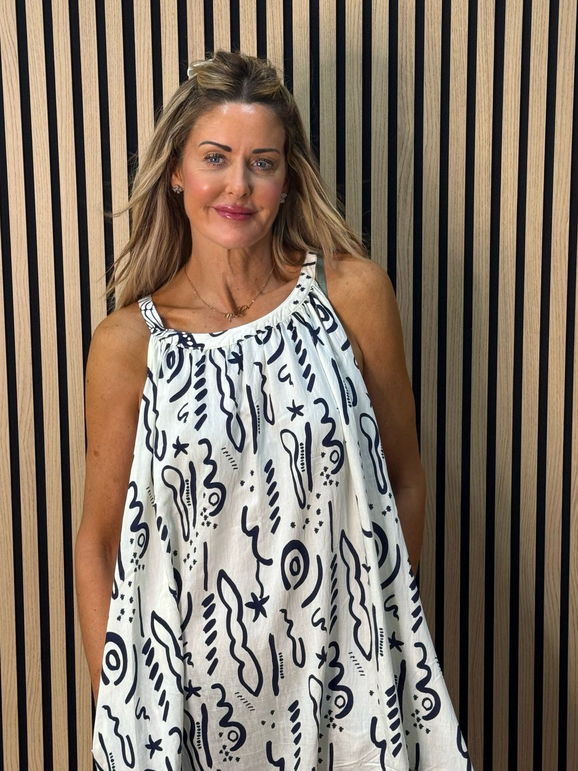 Abstract Print Swing Dress - Navy/White