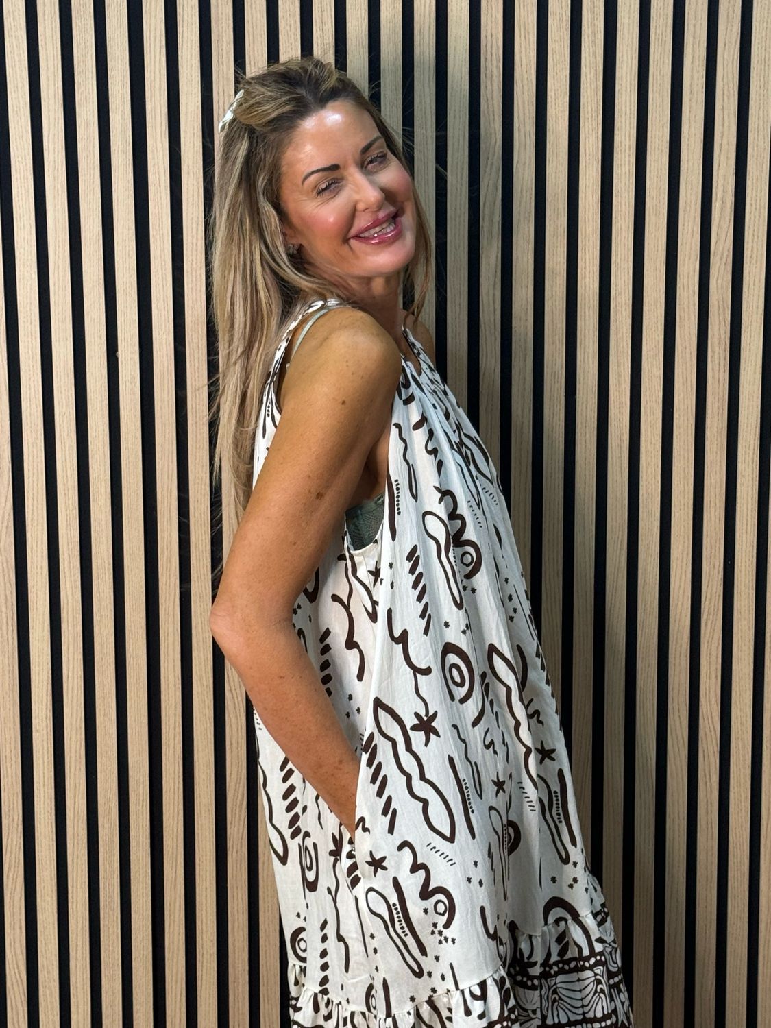 Abstract Print Swing Dress - Brown/Cream