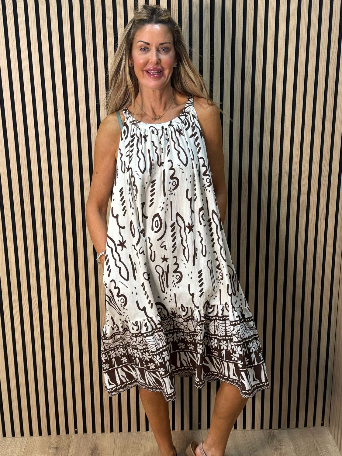 Abstract Print Swing Dress - Brown/Cream